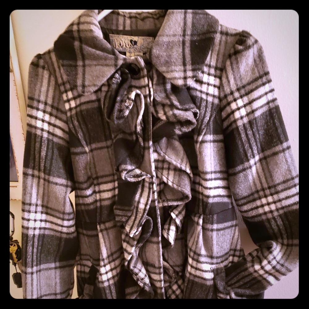 Gray and Black Plaid Pea Coat with Ruffle Detail